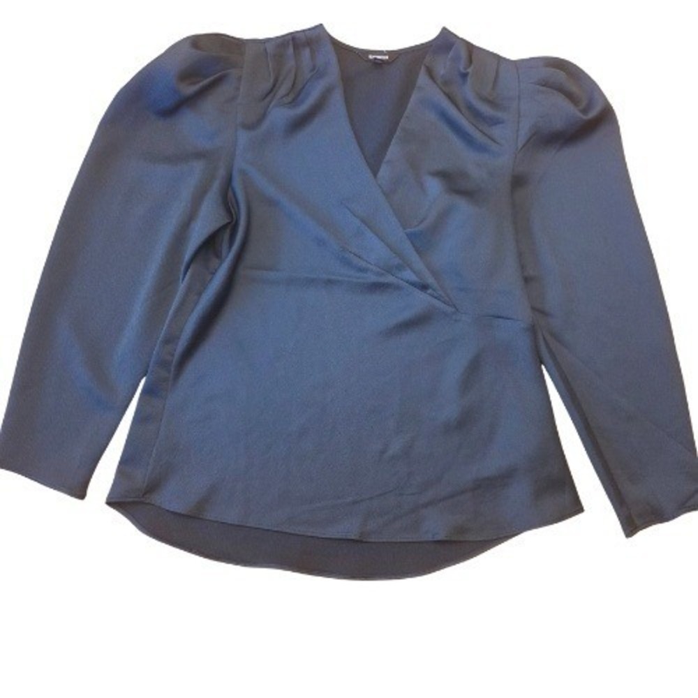 EXPRESS Womens S Green Satin Wrap Front Puff Sleeve V Neck Blouse Top 80s Photos